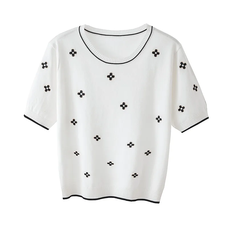 yellow sweater Pure cotton T-shirt women 2022 summer new O-neck pullover Flower knitwear plus size casual sweater short-sleeved tees hot cardigan