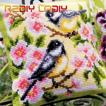 

Cross Stitch Cushion Birds and Blossom Make Your Own Pillow Chunky Cross Stitch Kits Pre-Printed Canvas Acrylic Yarn Pillow Case