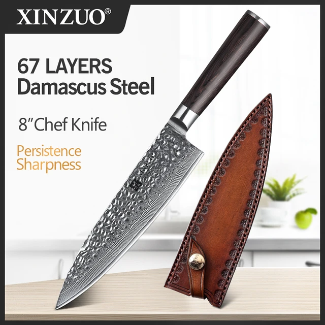 XINZUO 8 Inch Hammered Steel Chef Knife,67 Layers Japanese VG10 Damascus  Steel,Professional Chef Knife with Gift Box, Dark Brown Pakkawood