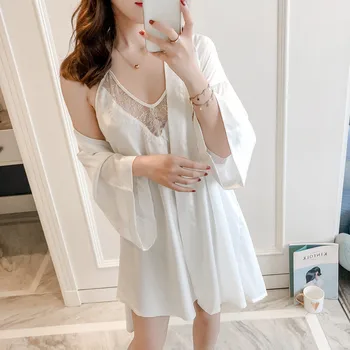 

Satin White Bathrobe Sleepwear Women Kimono Robe Gown Lace Sexy Nightdress Silky Nightgown Summer New Home Wear Nightwear