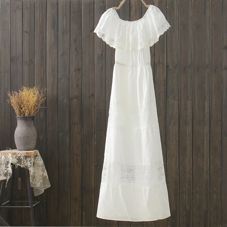

Horizontal Neck Embroidered Pure Cotton Dress Summer Wear for Women Korean-style Waist Hugging Explicit Thin Holiday Beach Swing