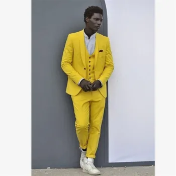 

New Classic Men’s Suit Smolking Noivo Terno Slim Fit Easculino Evening Suits For Men Shawl Lapel Groom Tuxedos Yellow Wedding Be