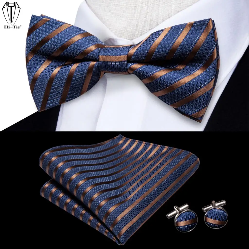 Hi-Tie жаккардовый Шелковый Синий Золотой Полосатый мужской галстук-бабочка для