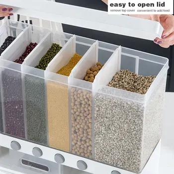 

6 Moisture Proof Plastic Automatic Racks Sealed Food Storage Box Wall Mounted Divided Rice And Cereal Dispenser 10KG For Kitchen