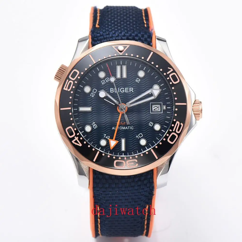 Cinta de Borracha Corgeut Moda Redonda Bliger Enrolamento Automático Relógio Gmt Mãos 41mm Safira Vidro Azul Dial Data Janela