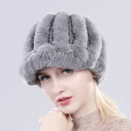Настоящий мех кролика шапка леди зима натуральный настоящий мех кролика шапка женская вязаная теплая натуральная меховые шляпки - Цвет: dark grey