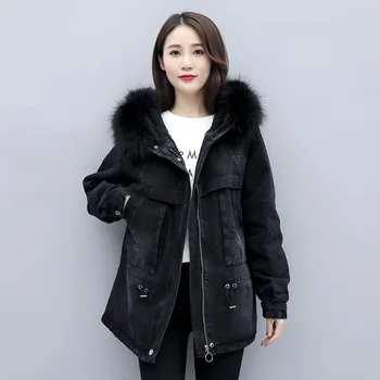 

Fashion Parka Winter Black Denim Jacket Women Real Fox Fur Collar Hooded Jeans Jacket Women Coat Loose Thick Warm Parkas Female