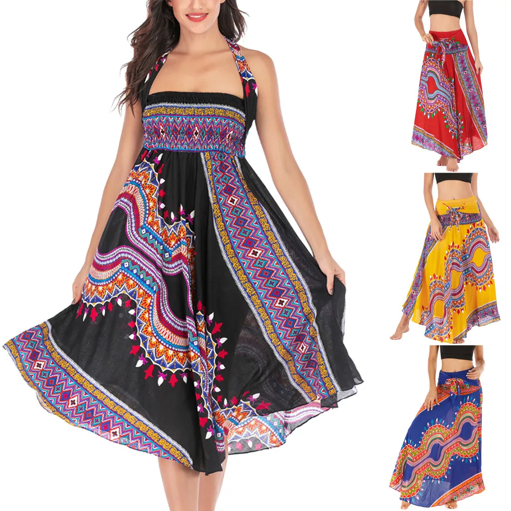 Женская длинная бандажная юбка хиппи в богемном стиле с цветочным принтом, цыганская Бохо Женская юбка на шнуровке с цветочным принтом и эластичной резинкой на талии