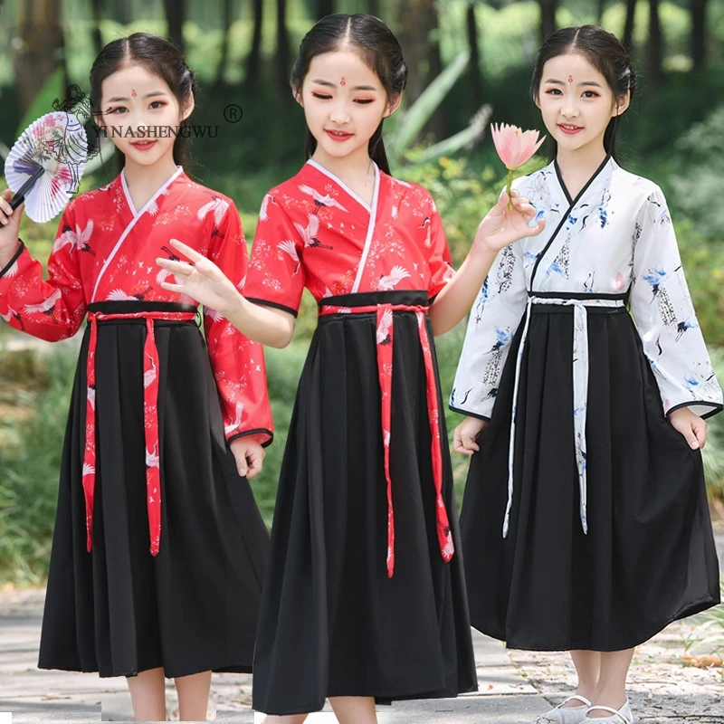 

Girl Tops Skirt Crane Print Sets Japanese Robe Dress Kimono Costume Child Baby Floral Traditional Embroidery Kids Yukata Clothes