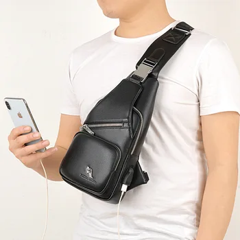 

YUESKANGAROO New Double Pocket USB Charging Leather Men Chest Bags Sling Chest Pack Male Shoulder Bags Crossbody Bag For Men