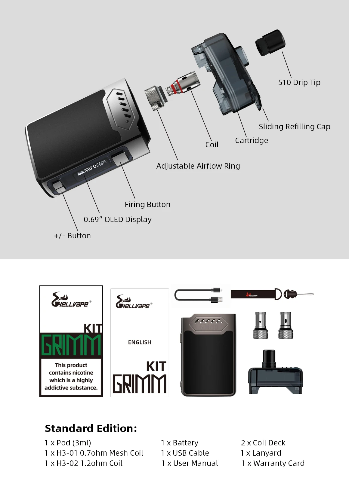Новое поступление Hellvape Grimm 30W Pod Kit 1200mah Встроенный аккумулятор макс 80W выход вейп-комплект электронной сигареты VS Aegis boost