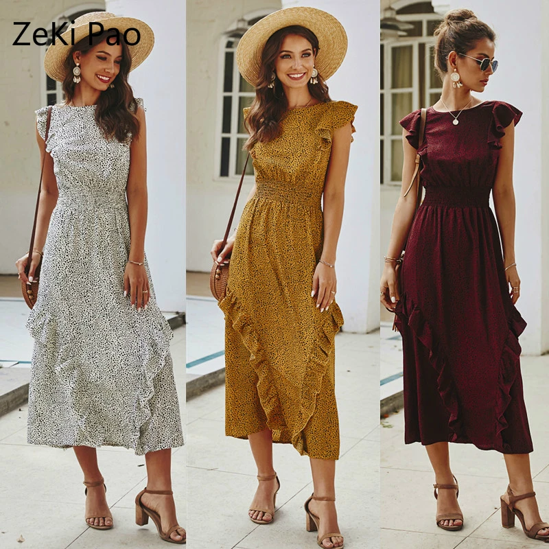 

Fashion White Round Neck Ruffled Printed Dot Summer Dress Female Vacation Beach Sexy Dress Sleeveless Rectangular Elegant Dress
