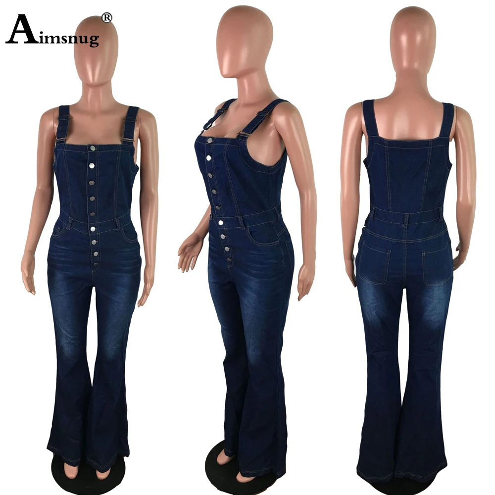 Aimsnug Plus Size Women Fashion Jeans Demin Jumpsuit Sexy Flare Pants Dark Blue Denim Bodysuits 2021 Single-Breasted Overalls