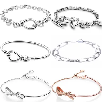 

Chunky Infinity Knotted Heart-embellished T-clasp Me Link Pattern Bracelet Fit Fashion 925 Sterling Silver Charm DIY Jewelry