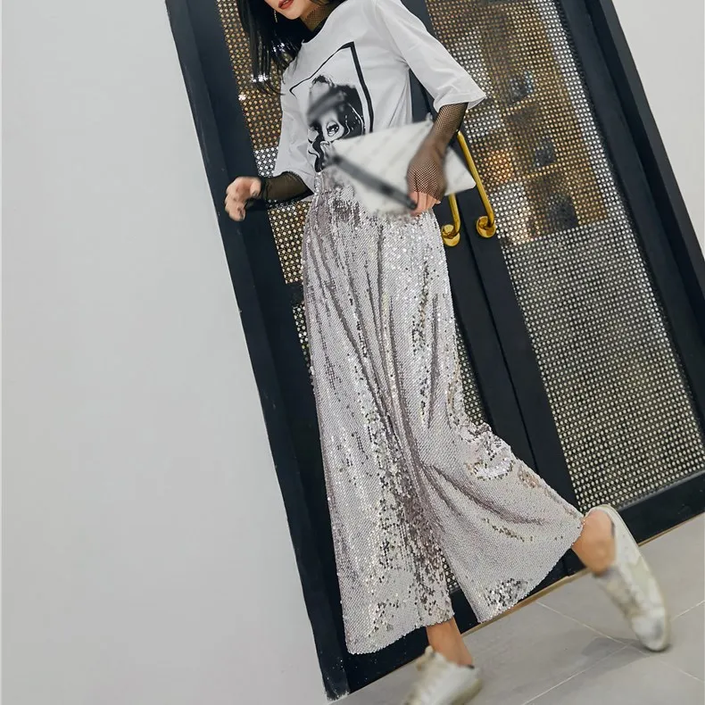 

Wide Leg Long Sequin Trousers Silver Sparkle Women Elastic High Waist Pants