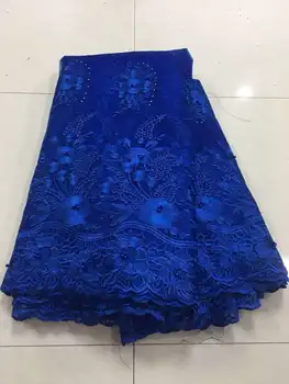

2019 Hot Sale Royal blue Embroidered African Lace Fabric High Quality with Rhinestone French Net Guipure Lace Fabrics M3035