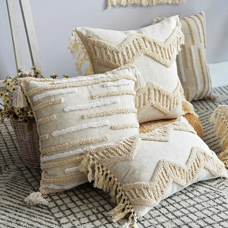 Boho Cushion Cover Tassel Pillowcase 45X 45Cm/30X50Cm Pillow Beige Cover Home Decoration Hidden Zipper Living Room Decoration