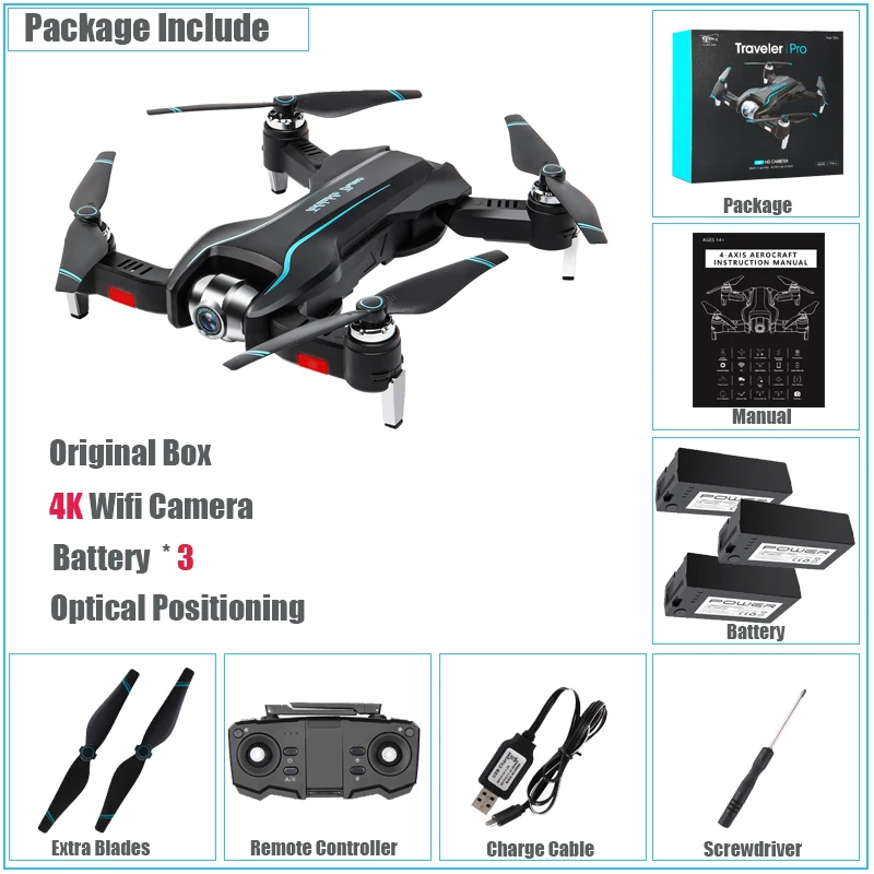 Складной RC Дрон с камерой 4K HD, Wi-Fi FPV Камера игрушек Квадрокоптер двойной Камера оптического потока Positoning Регулируемый Широкоугольный объектив с фокусным расстоянием Дрон - Color: 4K 3BAT ColorBox