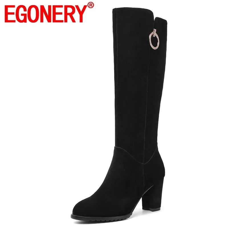 EGONERY hot sale knee high boots winter outside high heels round toe zip cow suede metal decortaion women shoes drop shipping