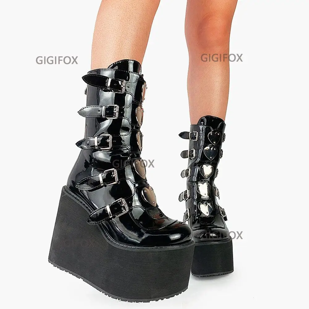 Brand Design Big Size 43 Black Gothic Style Cool Punk Motorcycles Boots Female Platform Wedges High Heels Calf Boots Women Shoes 