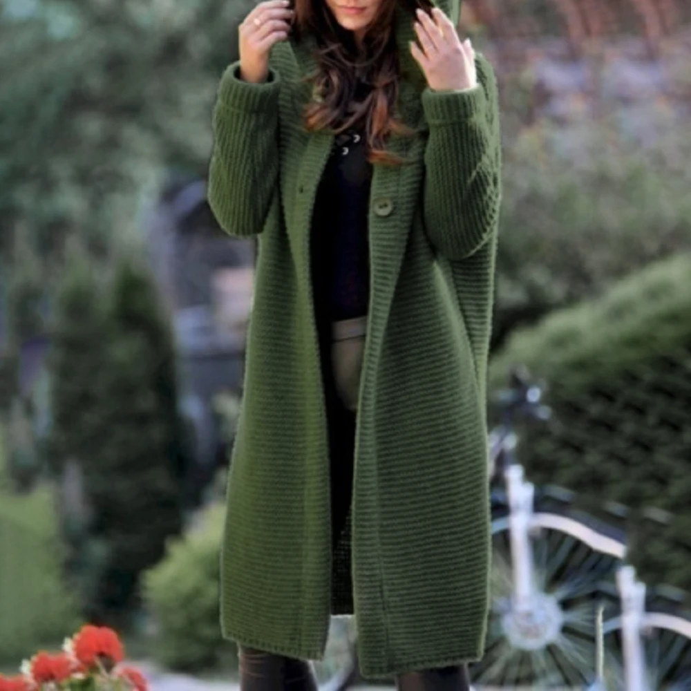 Женский длинный кардиган, Однотонный свитер с капюшоном, осень, теплое тонкое длинное пальто, зимнее вязаное пальто размера плюс 5XL, повседневная трикотажная одежда