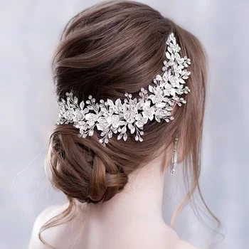 

Fashion Rose Gold Flower Headband Bride Hair Comb Wedding Rhinestone Hair Accessories Handmade Girl Tiara Hairpin Silver Comb