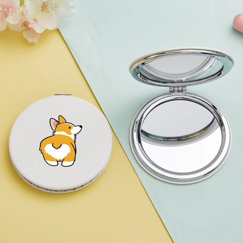 Cute Corgi Pattern Mini Makeup Mirror Hand Held Fold Pocket Mirrors Small Portable Facial Care Tool 3