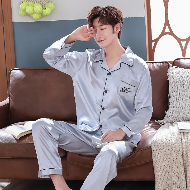 

Men Pajamas Summer Long Sleeve Thin Viscose Spring And Autumn Loose And Plus-sized Model Silk Tracksuit Men's Autumn Set