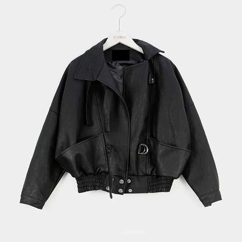 Harajuku Милая крутая байкерская куртка с рукавами летучая мышь, свободные пряжки, женские Куртки из искусственной кожи, верхняя одежда - Цвет: black
