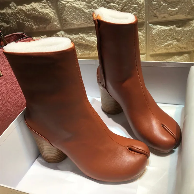 Г. Tabi/Зимние ботильоны женские ботинки из воловьей кожи на высоком каблуке женские роскошные брендовые дизайнерские ботинки с круглым носком на каблуке - Цвет: Черный