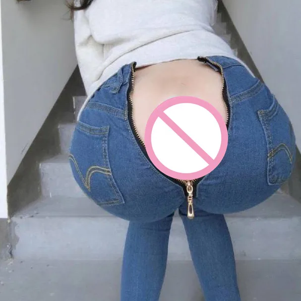 Open Crotchless Outdoor Sex Jeans Pants Women Fashion Zipper Back Skinny High Waist Denim Trousers Hot Sexy Clothes Female