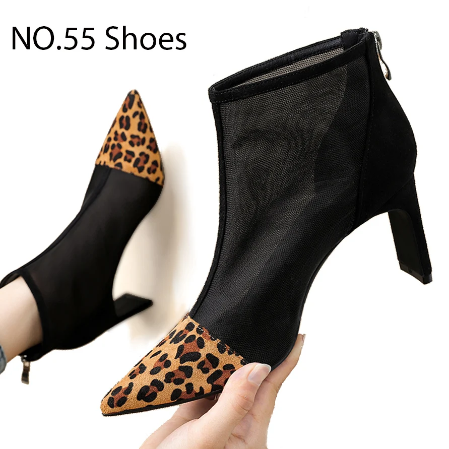 

Leopard Suede Ankle Boots Summer Hollow Out High Heels Boots Women Fashion High Quality Chunky Heel Female Boots Party Back Zip