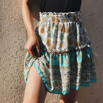 

Bohemian Printed Pleated Womens Mini Skirt Elastic High Waist Loose Female Short Skirts 2020 Summer Fashion Beach Ladies Bottoms
