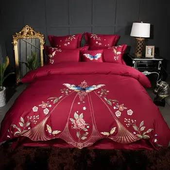 

4/7Pcs Luxury Egyptian Cotton Butterfly Embroidery Oriental Bedding set Queen King size Duvet cover Bed linen sheet set Pillow