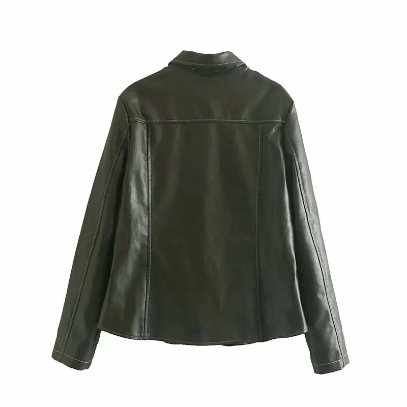 Autumn Solid color Women Faux Leather blouse Single breasted Loose Female PU jacket Turn Down collar coats Chic YNZZU YO981