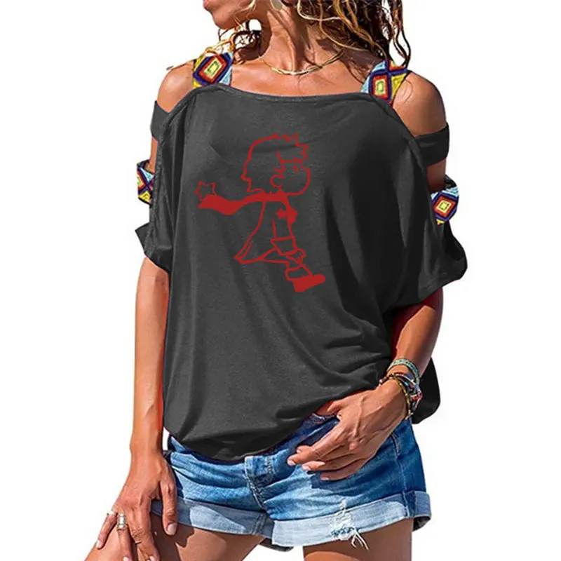 Женская футболка с коротким рукавом и милым маленьким принцем, летняя модная одежда, Женская Сексуальная футболка с открытыми плечами - Цвет: 5