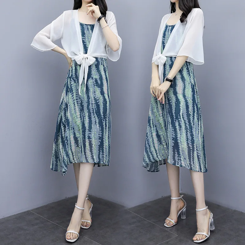 

2019 Summer New Style Large Size Dress Fat Mm Korean-style Fashion Strapped Dress + Sun-resistant Cardigan Two-Piece Women's