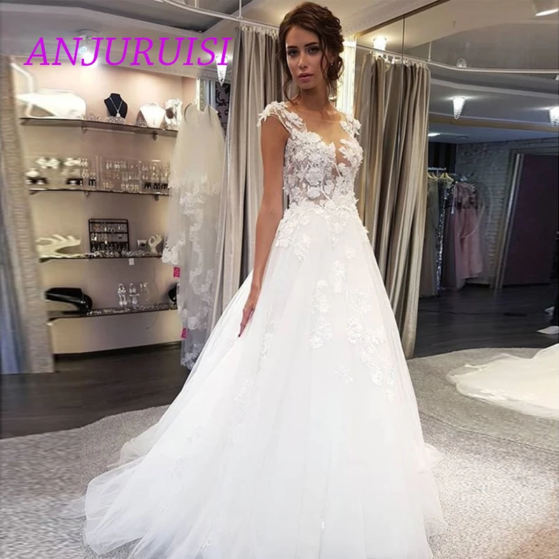 

ANJURUISI Scoop Wedding Dresses White Lace Applique A Line Sleeveless Illusion Sweep Train Bridal Gown Dress with Back Buttons