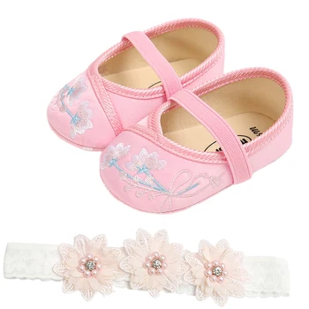 

0-18M Newborn Infant Kids Baby Girls Shoes Summer Princess Soft Soles Crib Shoes Embroider Floral Casual Prewalker Headband 2Pcs