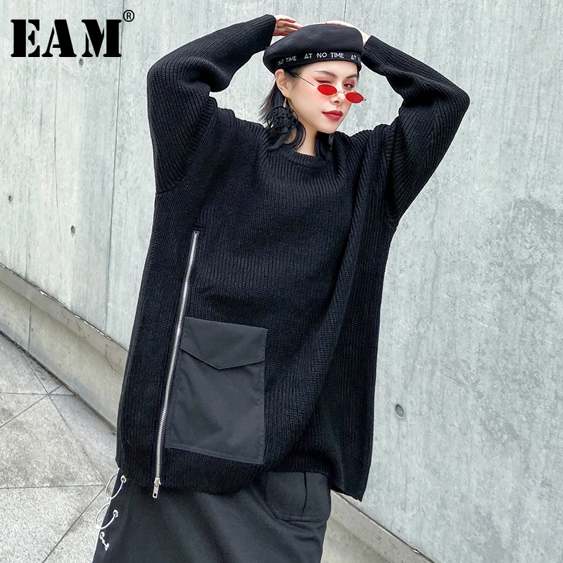 

[EAM] Zipper Big Size Knitting Sweater Loose Fit Round Neck Long Sleeve Women Pullovers New Fashion Autumn Winter 2020 19A-a841