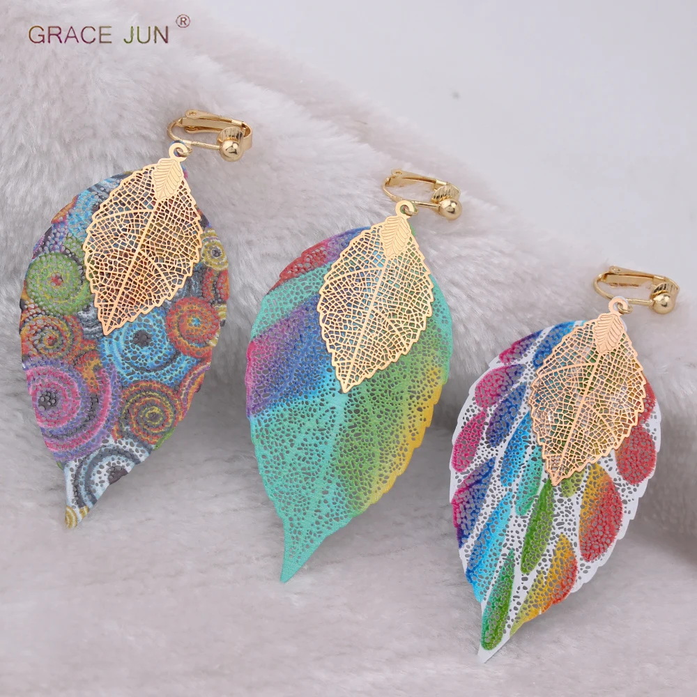 GRACE JUN Colorful Copper Material Double Leaf Clip on Earrings for Women Xmas Earrings