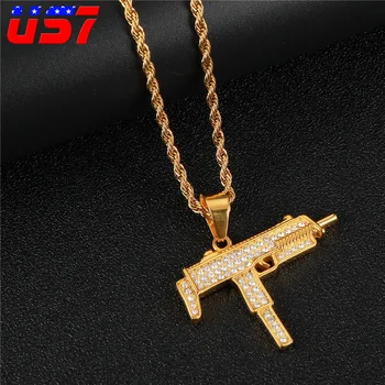

US7 Iced Out UZI Gun Pendant Necklace Men Stainless Steel Hip Hop Full Crystal Pendant For Men Fashion Rope Chain Jewelry