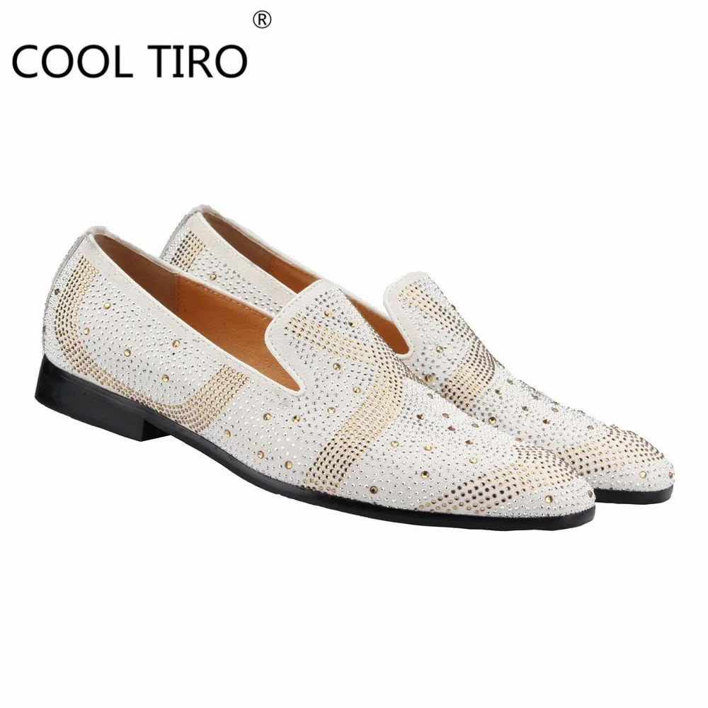 Cool Tiro White suede leather formal rhinestones Flats Mens Casual Wedding dress man Loafers shoes Moccasins Business Party shoe