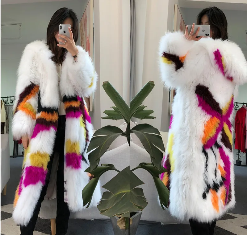 women fur coat with hood real fox fur knitted jacket long (4)