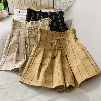 

2020 Vintage Yellow/Black/Beige Women's Bandage Skirt Summer High Waist Drawstring Casual Plaid Skirts For Female Faldas Saia