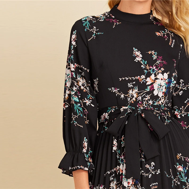 Sheinside Floral Print Flounce Sleeve Dress Women Autumn Pleated Hem A Line Dresses Ladies Casual Black Belted Dress