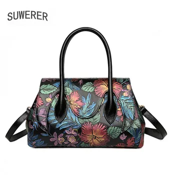 

SUWERER 2020 New Women Genuine Leather bag real cowhide Painted embossing bag women famous brand leather bag