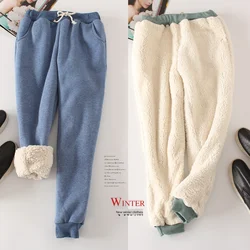 Pantalon de survêtement en cuir d'agneau pour femme, vêtement chaud, ample, épais, en velours, grande taille, collection automne et hiver 