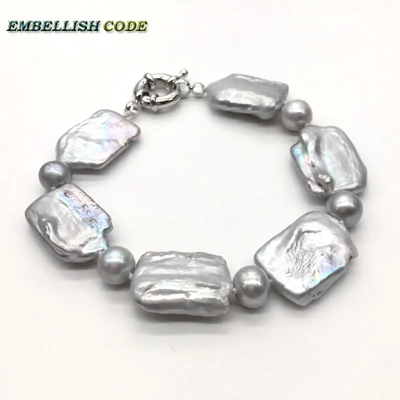 

gray color baroque pearls bracelet 8mm beads gray block natural freshwater nearround and flat mix DIY for Party Jewery