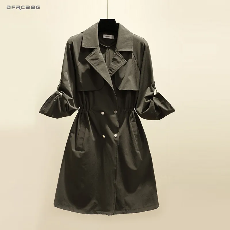 XL-4XL цвета хаки свободные длинные пальто для женщин осень двубортный тонкий пояс плюс размер ветровка верхняя одежда Femme